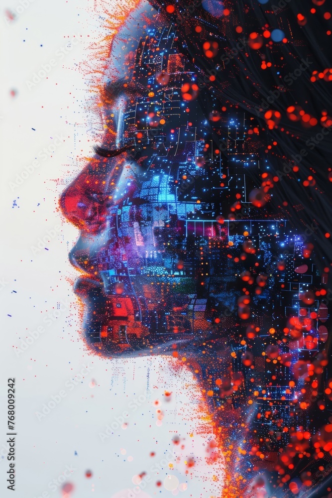Poster digital artwork depicting a computer-generated interpretation of a human-like face, glitched and pix