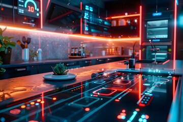 Futuristic smart home interior with integrated IoT devices and augmented reality interfaces for automated control. Concept Smart Home Design, IoT Devices, Augmented Reality Interfaces