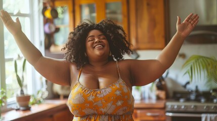 A African woman wearing a yellow dress is dancing in a kitchen - obrazy, fototapety, plakaty