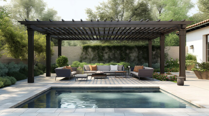 Backyard living space with outdoor furniture next to pool under a pergola