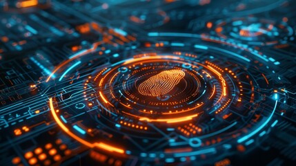 futuristic digital processing of biometric fingerprint scanner. concept of surveillance and security scanning of digital programs and fingerprint biometrics. cyber futuristic applications, future.