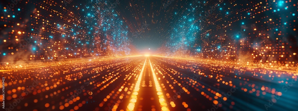 Poster crossroads in a digital realm, with paths made of code leading to gateways requiring biometric authe
