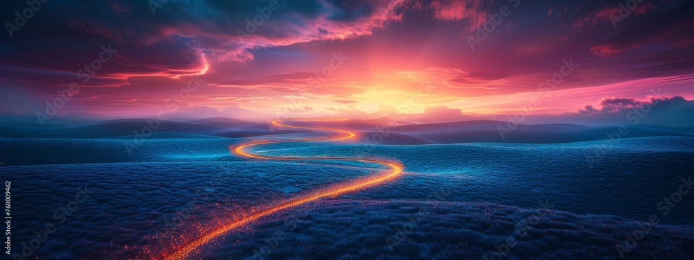 Poster crossroads in a digital realm, with paths made of code leading to gateways requiring biometric authe
