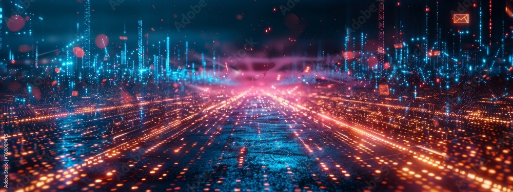 Poster crossroads in a digital realm, with paths made of code leading to gateways requiring biometric authe