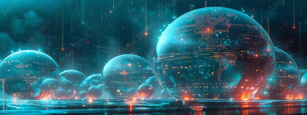 Poster cyber defense mechanisms visualized as a series of digital domes protecting data, with a serene spac