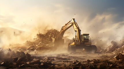 Heavy machinery at a construction site, with dust and debris in the air.