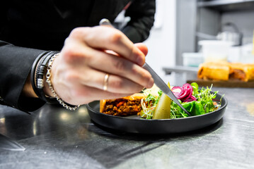 Chef garnishing a colorful gourmet dish, showcasing culinary artistry in a professional kitchen...