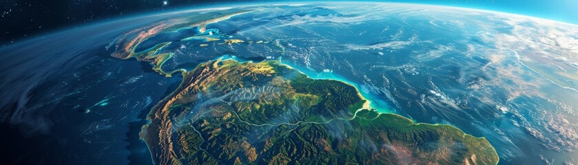 Detailed satellite imagery of Planet Earth, emphasizing South America, the Amazon Rainforest, and the Andes Mountain range - digital visualization, components sourced from NASA. - obrazy, fototapety, plakaty