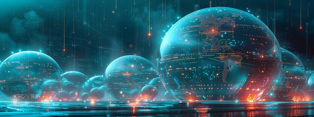 Cyber defense mechanisms visualized as a series of digital domes protecting data, with a serene space for detailed text.