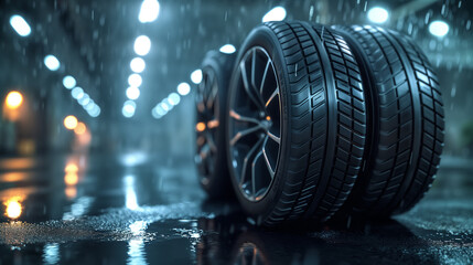car tires set with a great profile on illuminates asphalt	