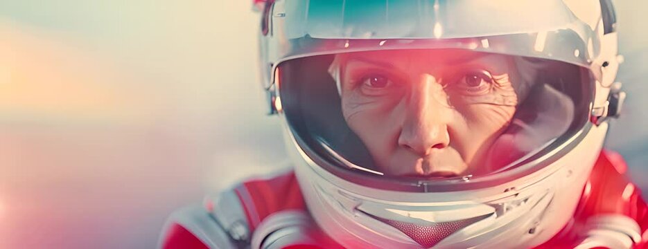 aged gray haired female racer with wrinkles wearing helmet and protective glasses 4K Video