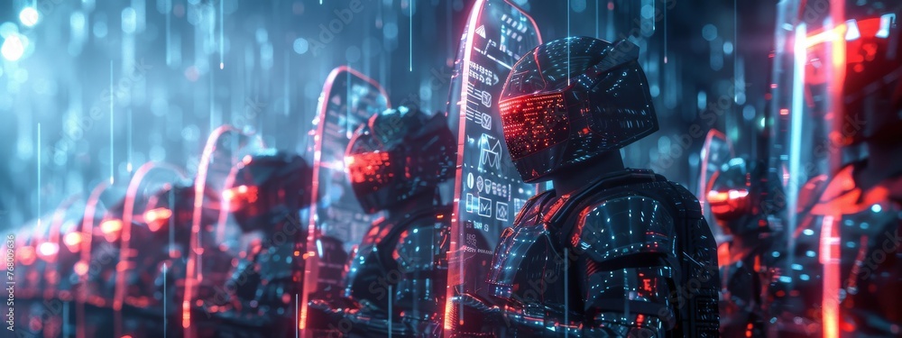 Poster a group of robots are lined up with their hands on their hips. the robots are wearing helmets and ar
