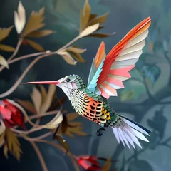 Foto op Plexiglas a detailed closeup image of a paper hummingbird, embodying a creative milestone and showcasing the artistry of rapid achievement on a small scale © ruchuda