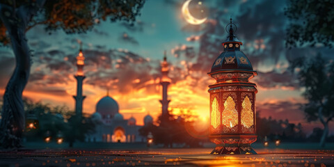 Fototapeta na wymiar Eid mubarak and ramadan kareem greetings with islamic lantern and moon on mosque background. 