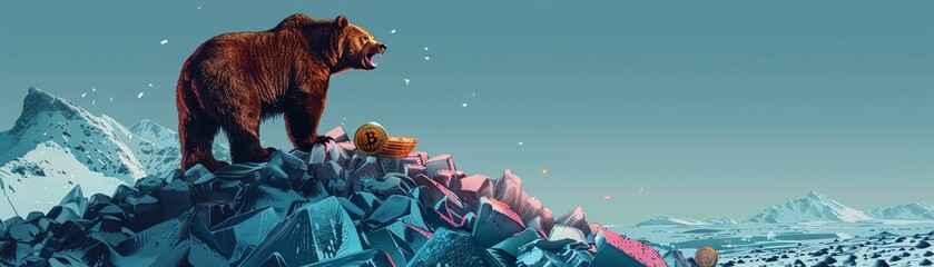 An icy landscape shattered like glass, an angry bear stands atop a mound of bitcoins, guarding his volatile treasure, Pop art