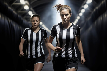womens soccer football players A pre or post match shot entering or leaving stadium tunnel before...
