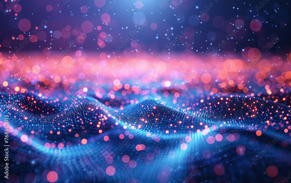 Poster create a digital technology-themed backdrop with softly glowing lights and dynamic animations, inspi
