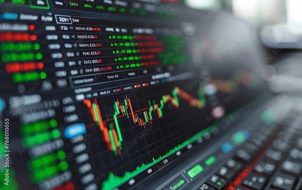 Poster comprehensive look at the stock market exchange platform displayed on a computer monitor, including 