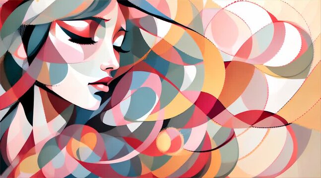 Stylized vector illustration of a woman's face blended with vibrant abstract swirls and shapes.
