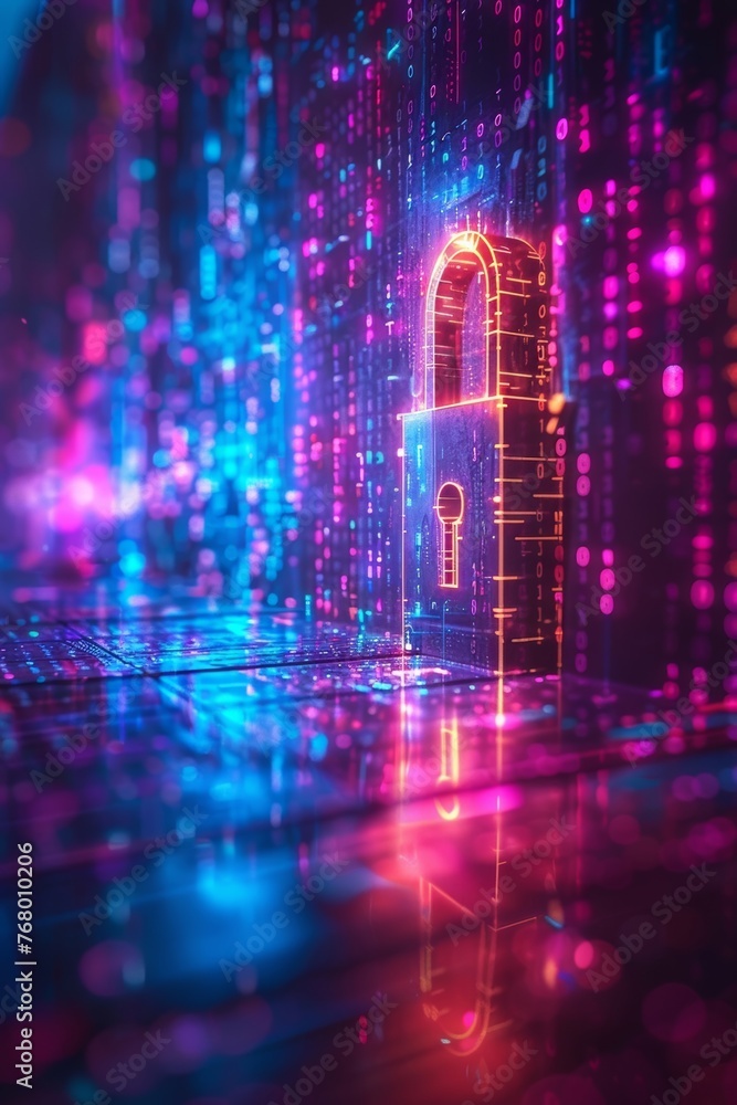 Poster visualizing cyber defense as a secure encryption system processing digital data transmissions, encap