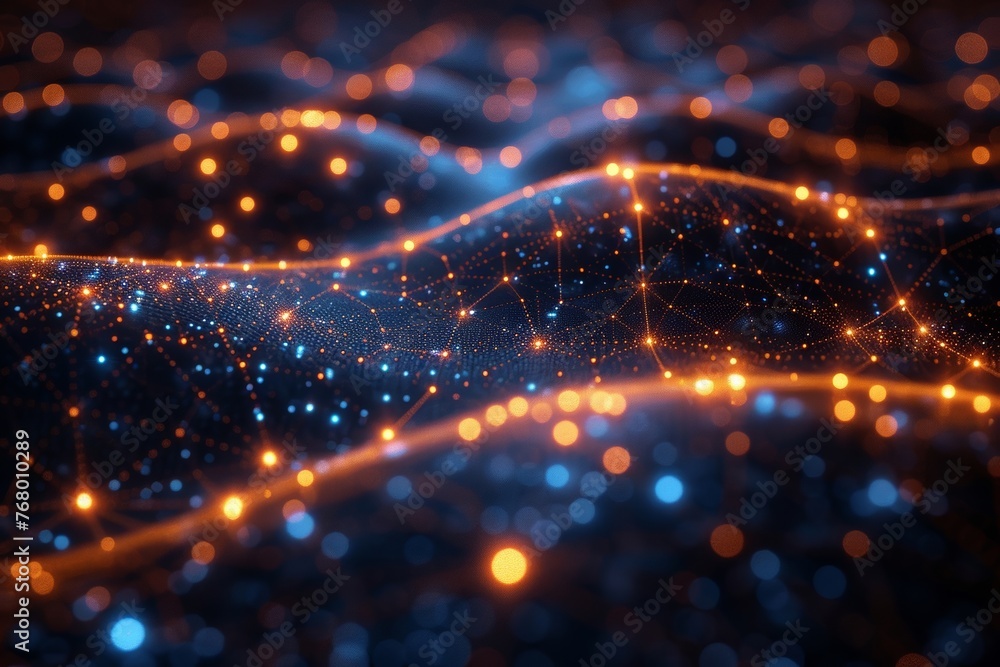 Aufkleber create a vibrant depiction of a multi-layered technological network with illuminated pathways connec