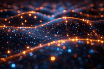 Create a vibrant depiction of a multi-layered technological network with illuminated pathways connecting each node in a intricate and interwoven pattern.