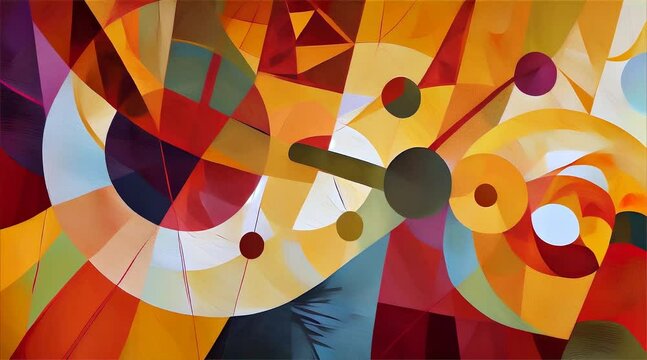 A vibrant abstract painting featuring a composition of geometric shapes and bold colors.
