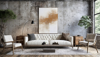 illustration de l'intérieur d'une habitation ici un salon dans les teinte gris et beige 
