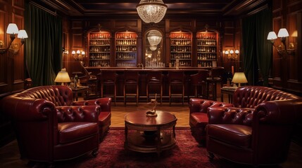 Opulent speakeasy-style lounge with wood paneling, vintage art deco bar, and velvet tufted seating