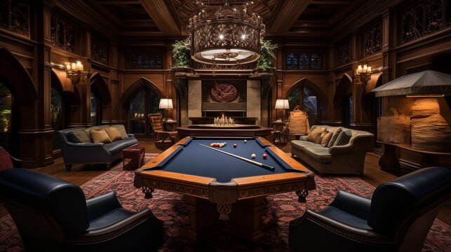 Opulent residential poker lounge with fireplace, carved wood accents, and game tables