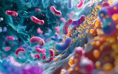 A detailed 3D representation of the active interactions between micronutrients and healthy bacteria - obrazy, fototapety, plakaty