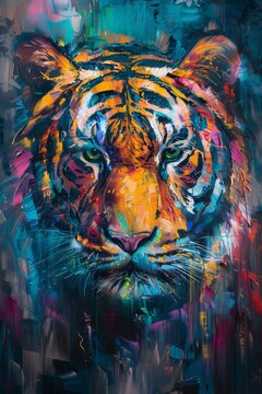Abstract artwork of a vibrant lion painted with a brush on a canvas in an oil acrylic technique.