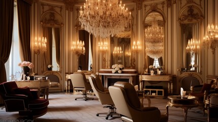 Fototapeta na wymiar Opulent Parisian-style salon with ornate chandeliers, gilt accents, and plush seating