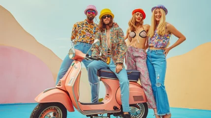 Zelfklevend Fotobehang A nostalgic scene of friends posing on a vintage Vespa scooter  sporting bold patterns  high-waisted jeans  and colorful bucket hats against a pastel-toned backdrop © Maria