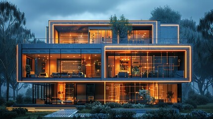 Obraz premium Design concept of a smart building. Engineering of smart building's autonomous control system. Communication design of an apartment house. Architectural drawing, blueprint of its facade