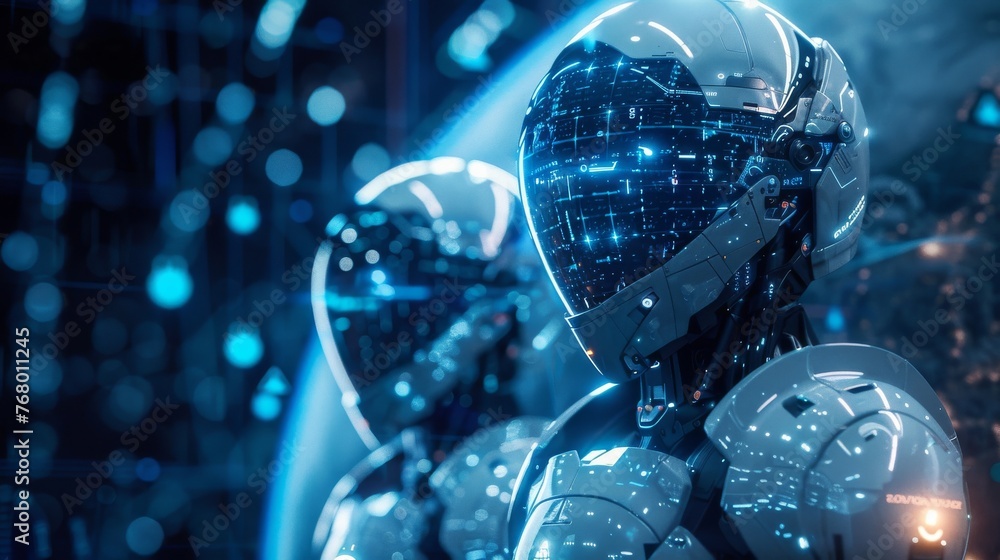 Poster cybersecurity professionals as modern knights in digital armor, standing guard over a holographic gl