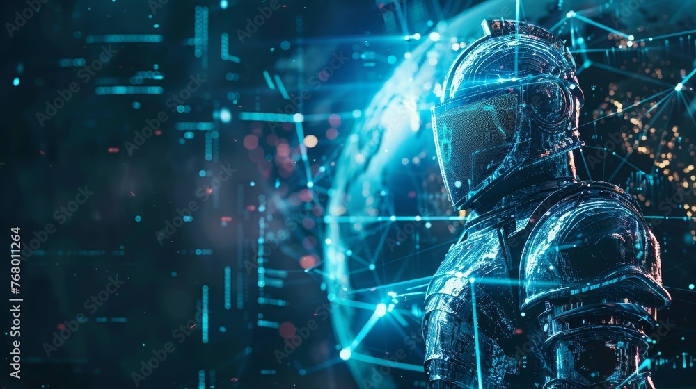 Poster cybersecurity professionals as modern knights in digital armor, standing guard over a holographic gl