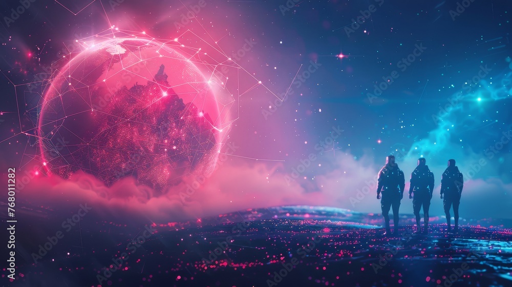 Poster cybersecurity professionals as modern knights in digital armor, standing guard over a holographic gl