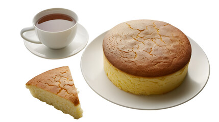 A Plain Rounded Shape cake in a Plate with Coffee Cup Isolated on a Transparent Backdrop - PNG Cutout