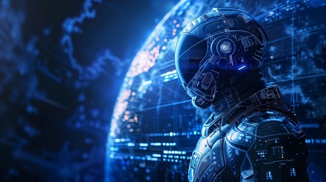 Cybersecurity professionals as modern knights in digital armor, standing guard over a holographic globe showcasing secure data networks. Design with clear space on one side for text.