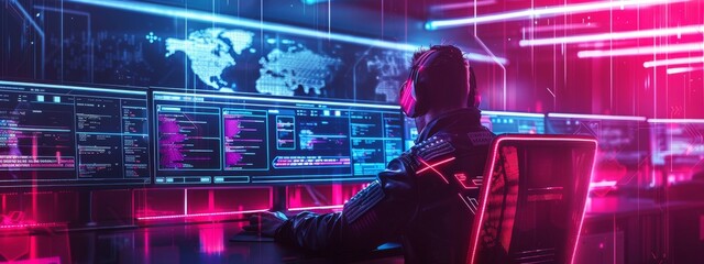 Cybersecurity professionals working in a high-tech control room, actively defending against a sophisticated ransomware attack, banner format with space for text in the center - obrazy, fototapety, plakaty