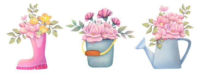 Watercolor flowers in unusual flowerpots illustration in Farmhouse style. pitcher, watering can, metal bucket, old rubber boots with pink bouquet. Provence hand painted set for scrapbooking, wedding