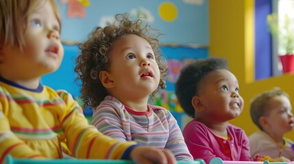 Fototapeta na wymiar Cute Diverse Group of Toddlers Sitting in Classroom and Looking in Awe. Kid, Child, Children, Student, Diversity, Inclusion, Equality, Equity, Belonging, DEIB, Fun, Happy, Enjoy 