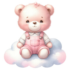Watercolor Pink Teddy Bear Sitting on Cloud Clipart with Transparent Background
