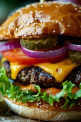 extreme close up of a traditional delicious cheeseburger with red onion pickles and tomato