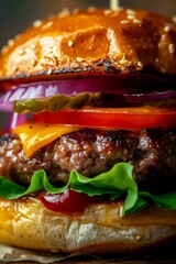 extreme close up of a traditional delicious cheeseburger with red onion pickles and tomato