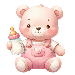 Watercolor Pink Teddy Bear with Baby Bottle Clipart on Transparent Background
