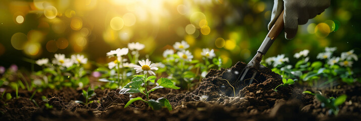 Gardener planting flowers in the soil with garden tools on a green bokeh background for a banner design with copy space for text. - obrazy, fototapety, plakaty