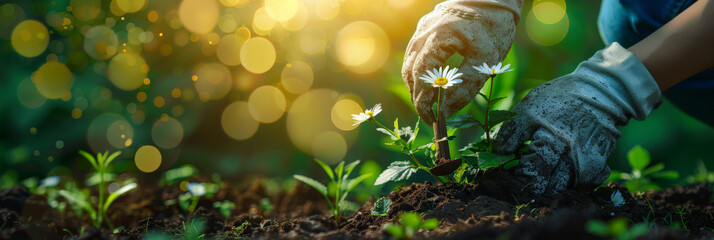 Gardener planting flowers in the soil with garden tools on a green bokeh background for a banner design with copy space for text. - obrazy, fototapety, plakaty