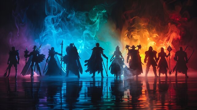 Gaming Guild, unified group, characters progressing through a fantasy realm, facing epic battles and challenges, photography, Silhouette Lighting, Motion Blur